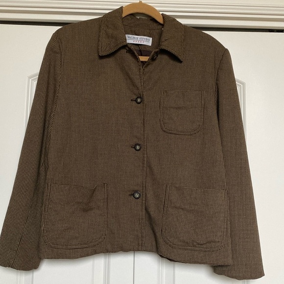 Valerie Stevens Button down Blazer Barn Jacket Size M Brown check patch pockets - Picture 1 of 13